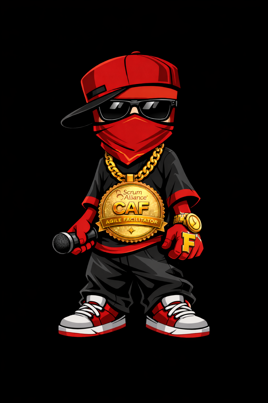 Fearless CAF ninja with a microphone and facilitator medallion