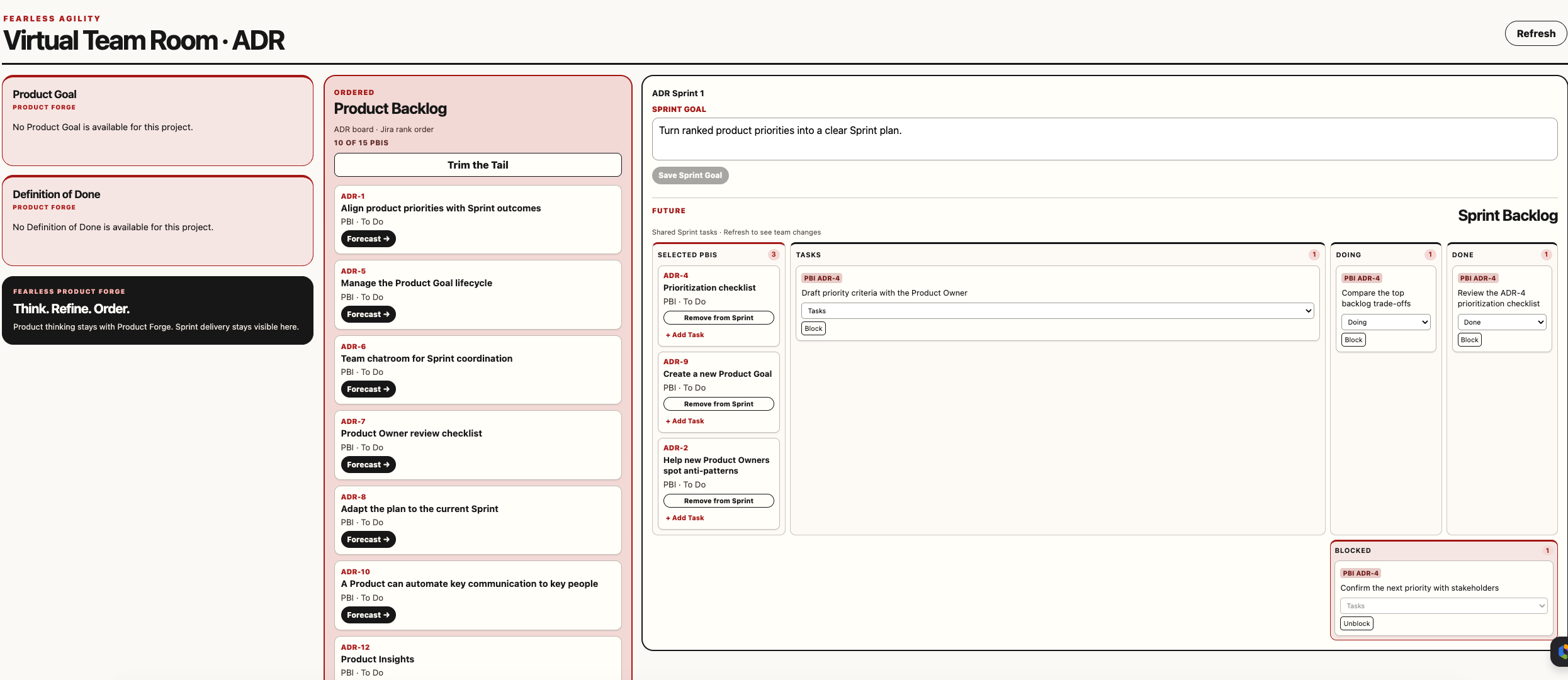 Real hosted Virtual Team Room screenshot showing the Product Backlog and Sprint Backlog together